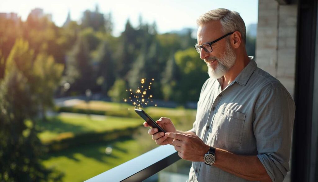 A stylish senior American man standing on a modern balcony, using a smartphone to manage his AI-powered business.