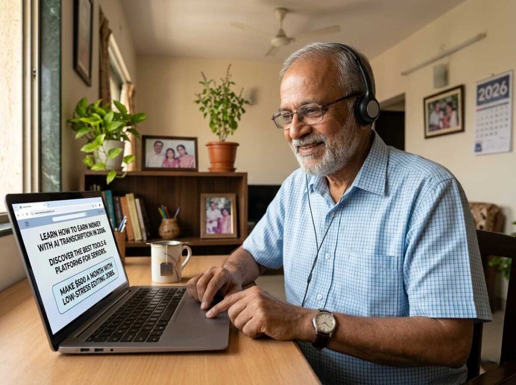 A smiling senior Indian man using a laptop and headphones to work on AI transcription editing at home.