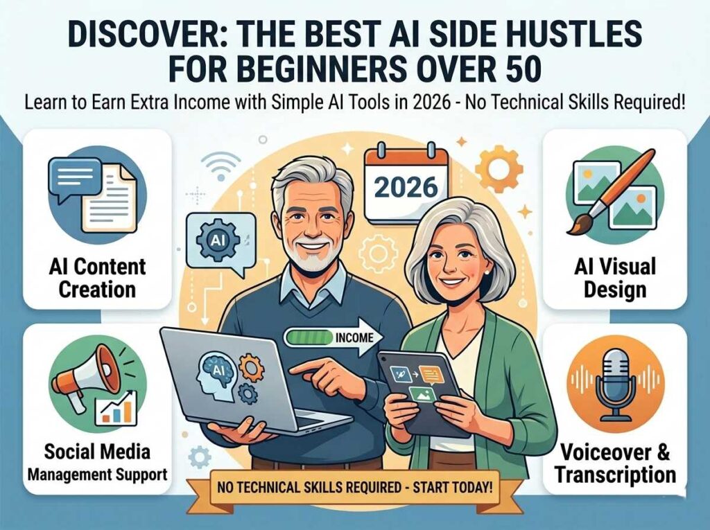 Man and woman over 50 using laptop and tablet for AI side hustles in 2026.