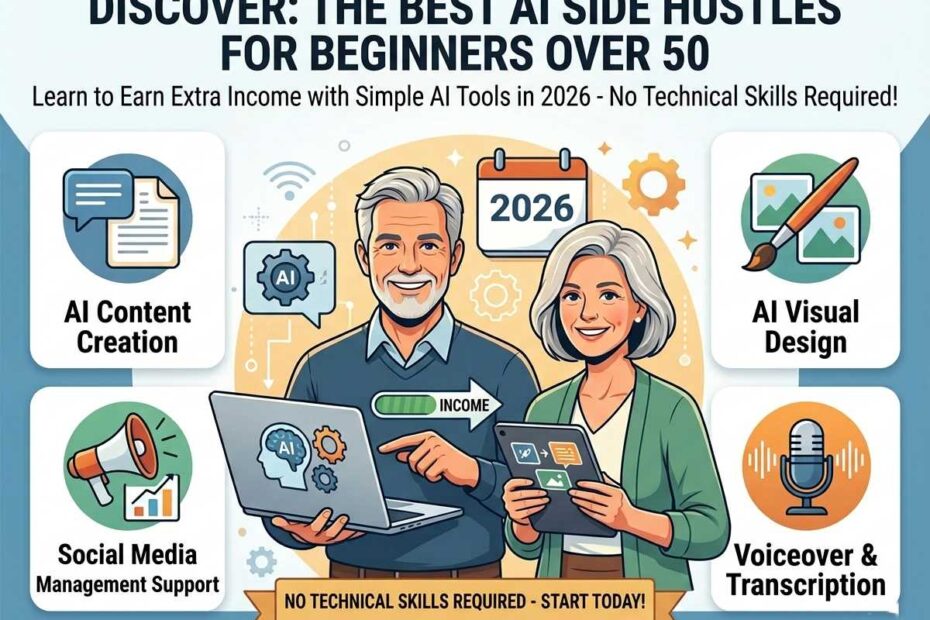 Man and woman over 50 using laptop and tablet for AI side hustles in 2026.