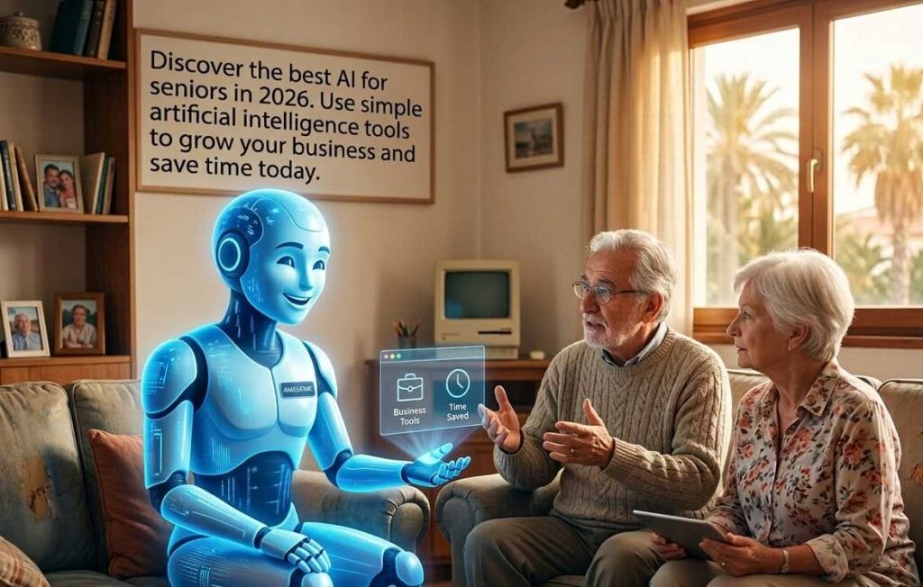 A friendly AI character talking to a senior couple on a sofa about growing their business in 2026.AI tools for senior entrepreneurs