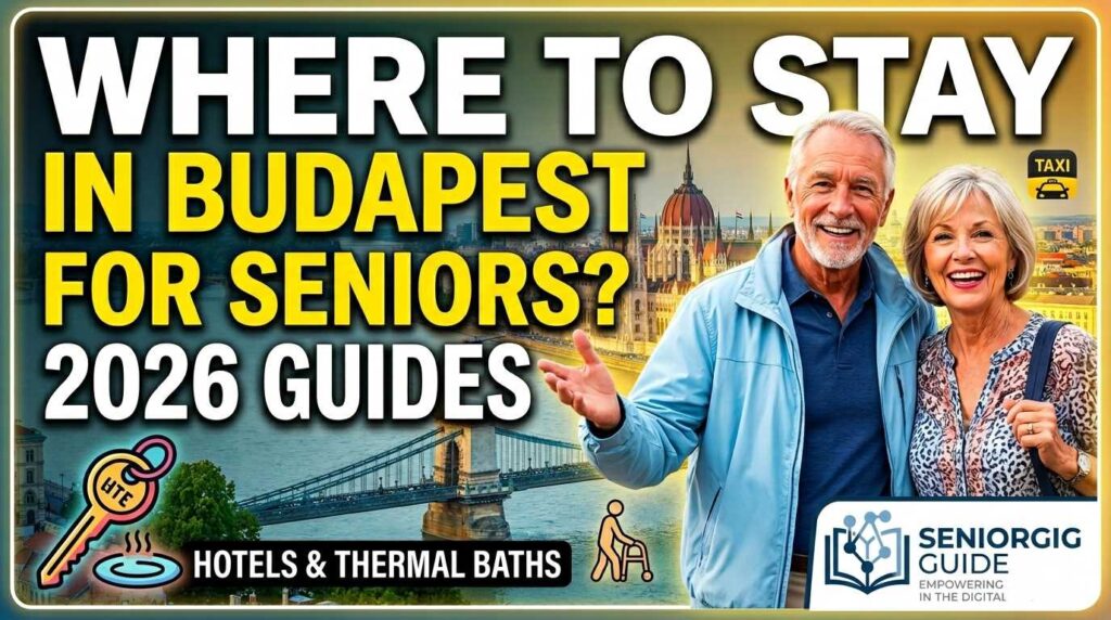 A happy senior couple traveling in Budapest with the Parliament building and Chain Bridge in the background, a guide to senior-friendly hotels and thermal baths.