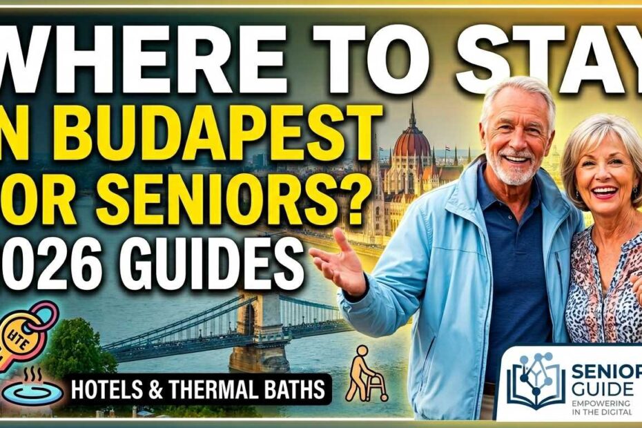 A happy senior couple traveling in Budapest with the Parliament building and Chain Bridge in the background, a guide to senior-friendly hotels and thermal baths.
