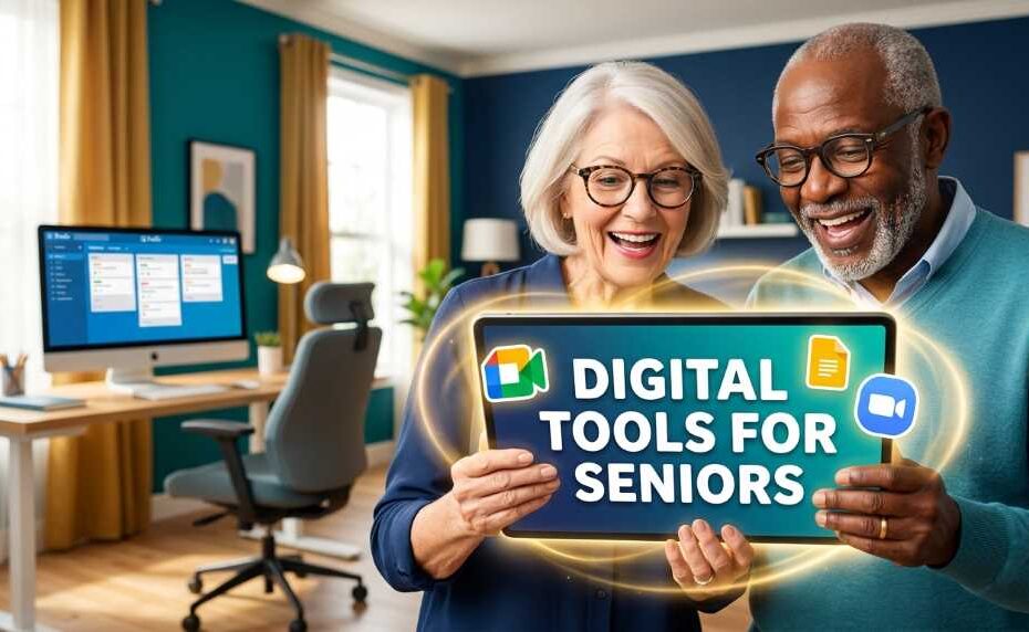 A cheerful senior couple excited to learn easy digital collaboration tools for remote work in 2026.