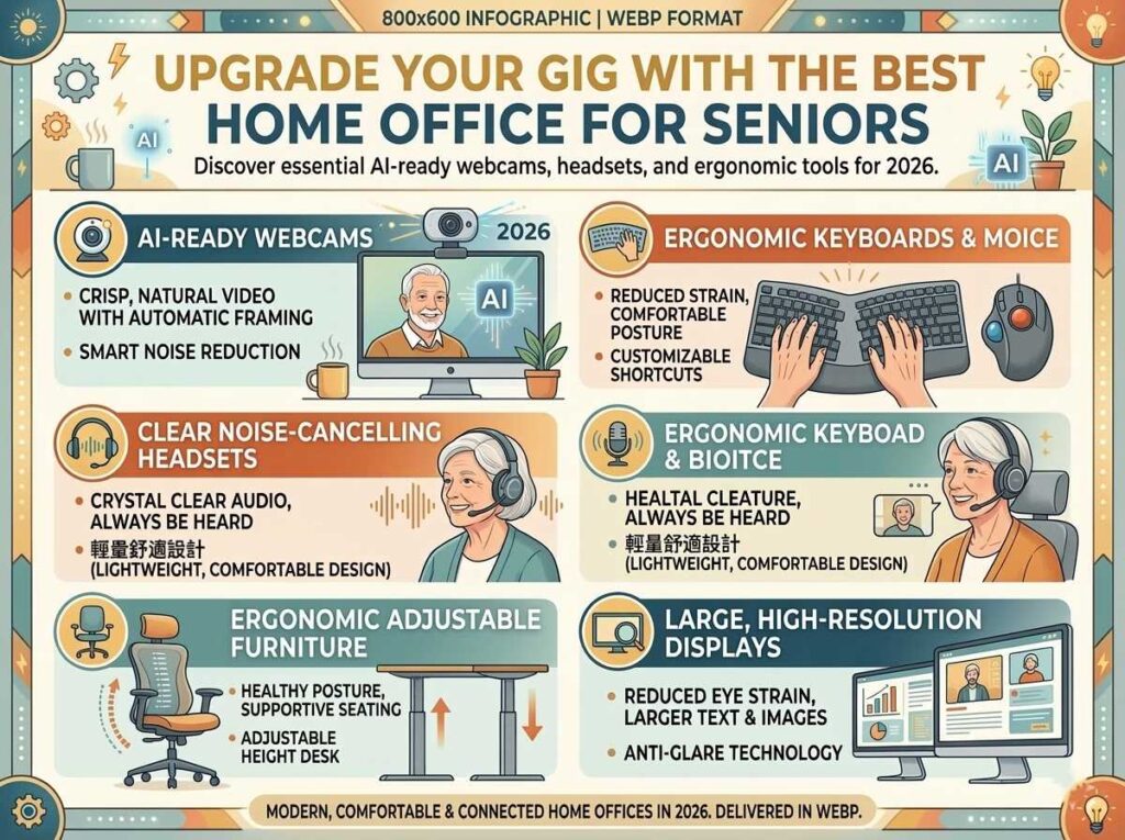 Best home office for seniors equipment AI-ready webcams, headsets, and adjustable furniture.