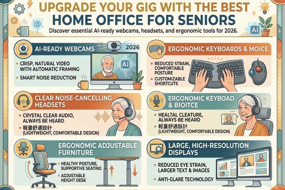 Ergonomic home office setup for seniors featuring AI-ready webcams, headsets, and adjustable furniture.