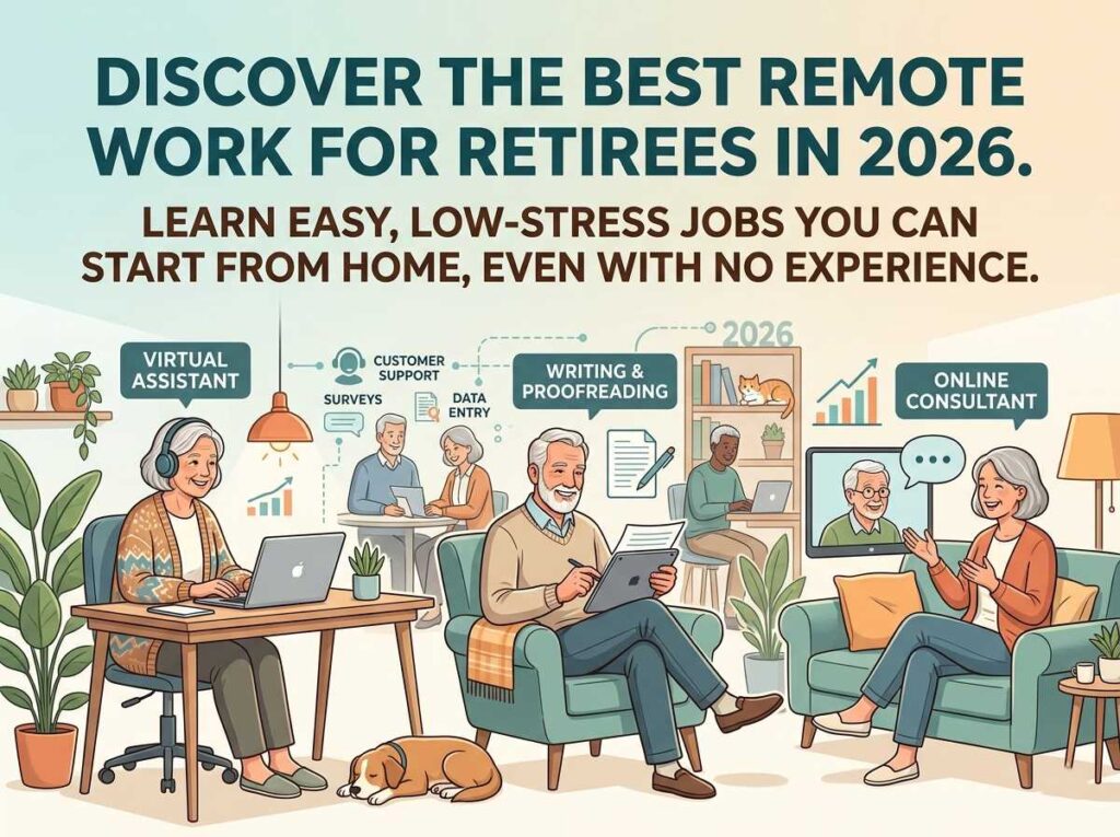 Diverse seniors working remotely in home office settings for remote jobs for seniors in 2026.