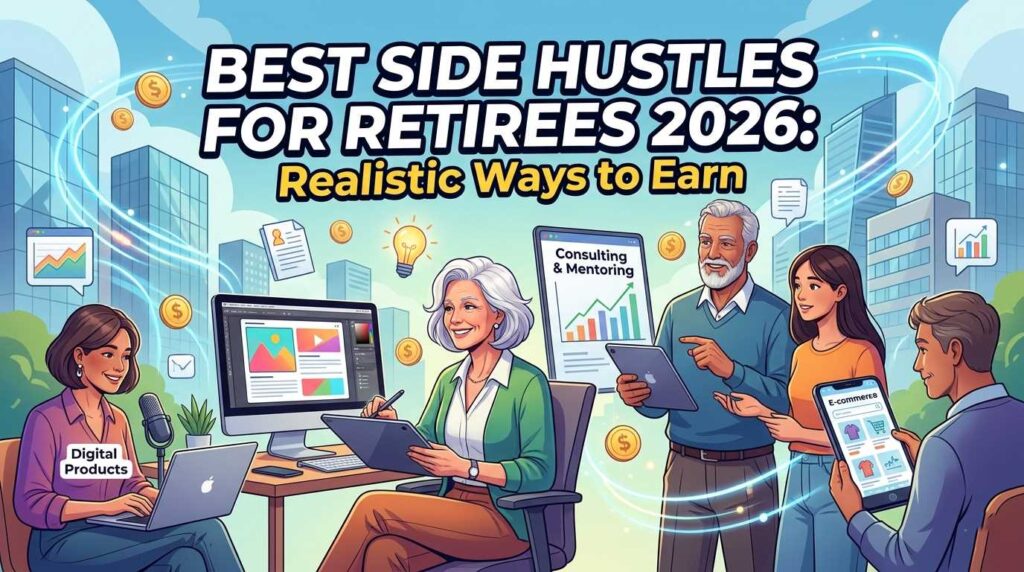 A modern 3D illustration of active seniors engaged in 2026 side hustles like AI video editing, digital consulting, and creating online products.