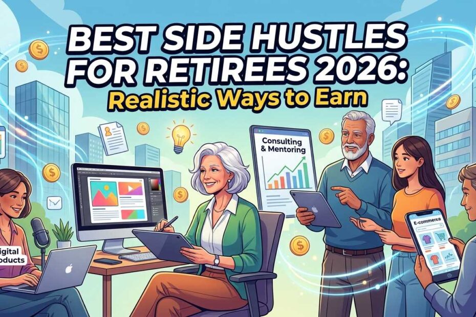 A modern 3D illustration of active seniors engaged in 2026 side hustles like AI video editing, digital consulting, and creating online products.