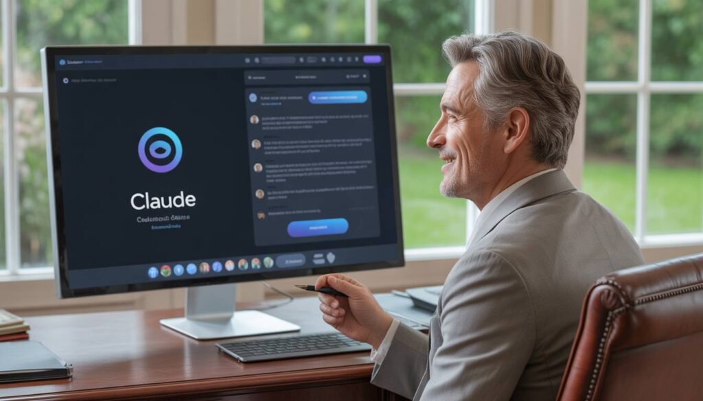 A senior consultant using Claude AI for seniors on a large monitor to structure a business contract.