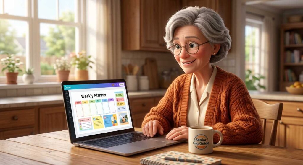 A senior woman smiling while using Canva on a laptop to design a planner.
