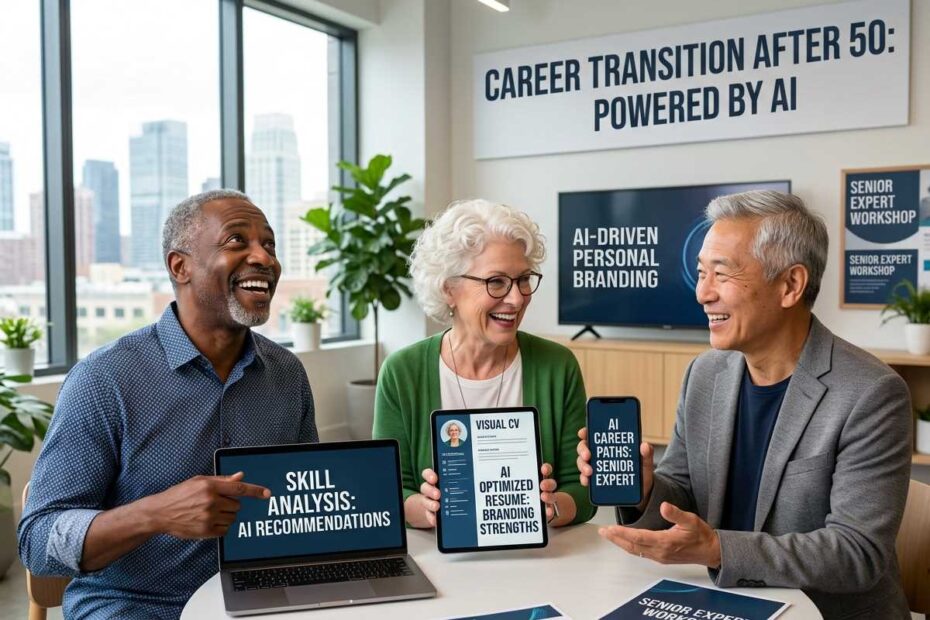 3 happy senior experts using AI tools for career transition and professional success in later life.
