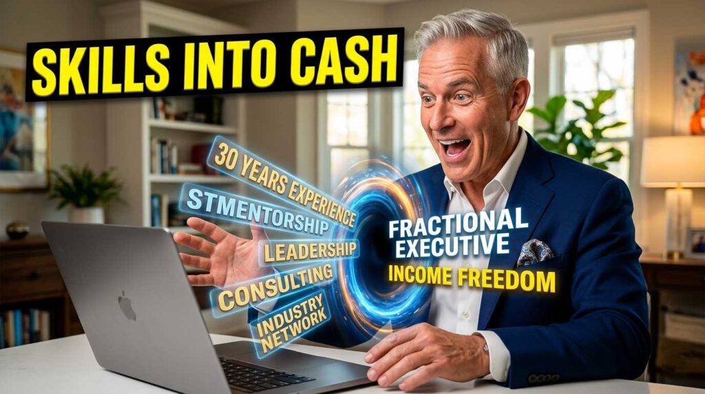 A senior American professional using AI tools to pivot their career into high-income consulting.