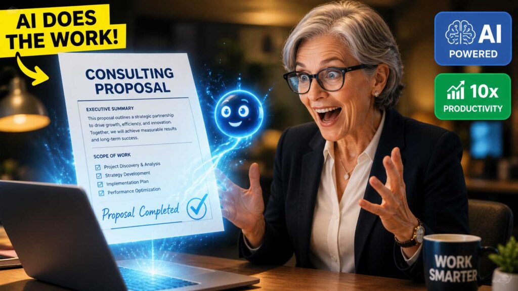 Senior consultant using ChatGPT on a laptop to write a professional proposal.
