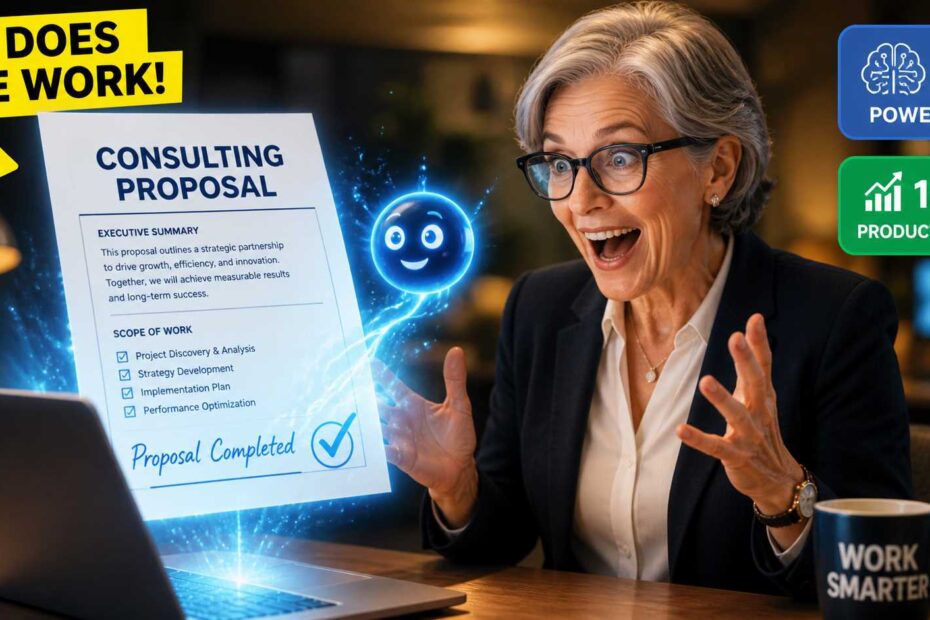 Senior consultant using ChatGPT on a laptop to write a professional proposal.