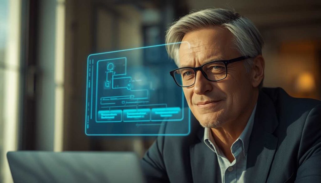Senior expert using holographic AI to write consulting proposals.
