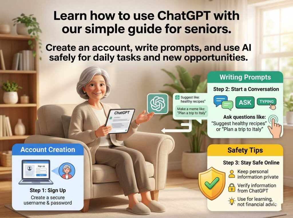 A smiling senior man using a tablet to learn ChatGPT in a cozy living room, educational infographic layout.
