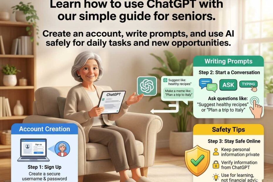 A smiling senior man using a tablet to learn ChatGPT in a cozy living room, educational infographic layout.