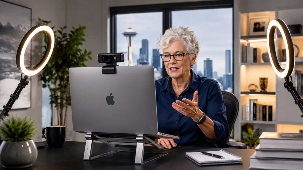 A modern senior consultant's home office desk featuring a professional webcam, dual ring lights, and a powerful laptop with an AI-assistant screen, demonstrating an advanced consulting equipment setup for seniors.