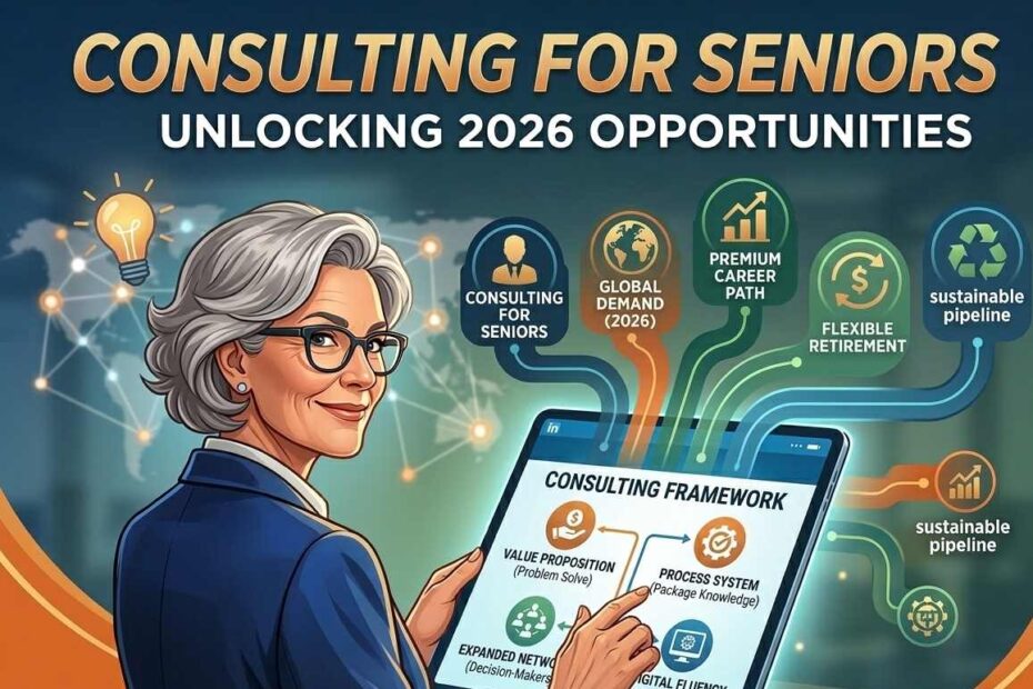 Illustration of consulting for seniors, showing an expert woman leveraging experience with a digital framework and market opportunities.