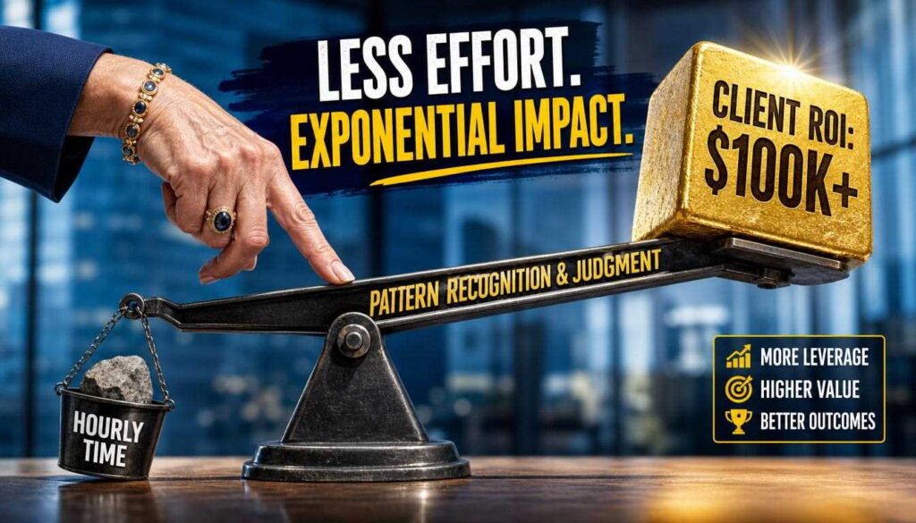 A visual metaphor showing a senior consultant using judgment as leverage to lift massive client ROI.