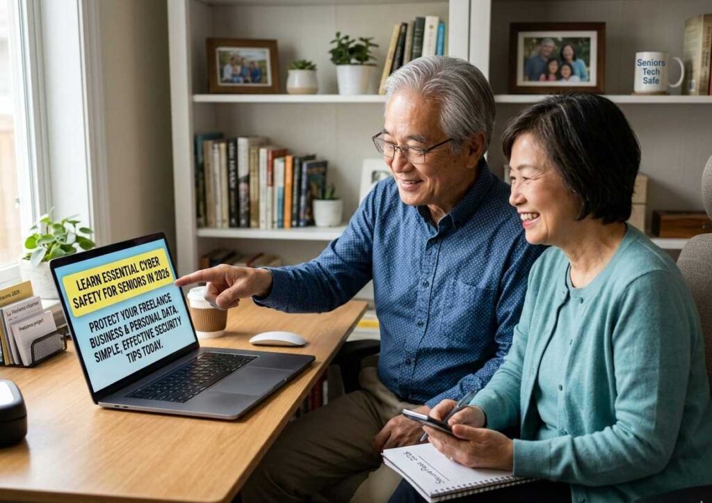Cyber safety for seniors guide: An elderly person safely using a laptop for online banking in 2026.