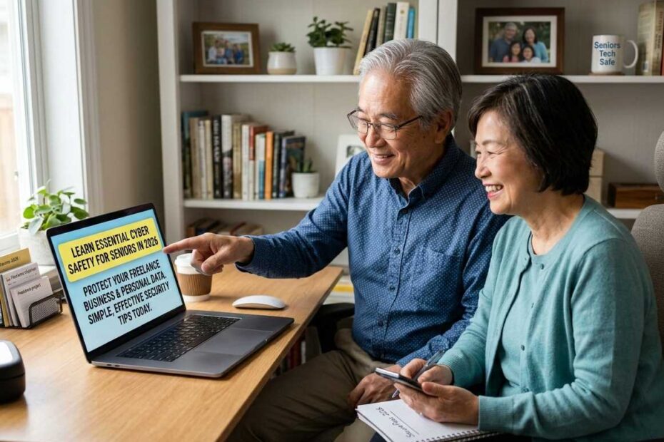 An elderly Asian couple smiling while looking at a laptop screen discussing cyber safety tips for their freelance business in 2026.