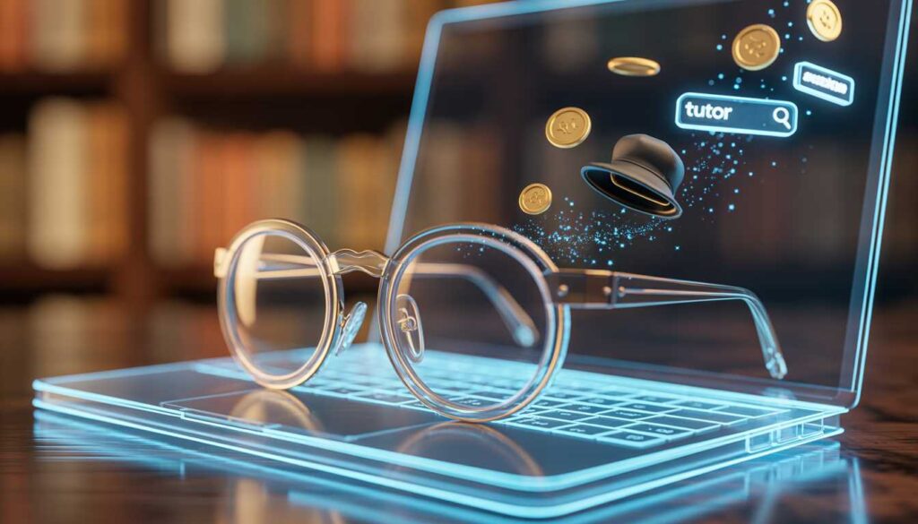 A 3D illustration of a pair of vintage glasses resting on a high-tech glowing holographic laptop, symbolizing experience meeting technology.