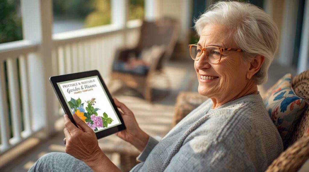 A retired American woman creating digital products using Canva and ChatGPT on her tablet.