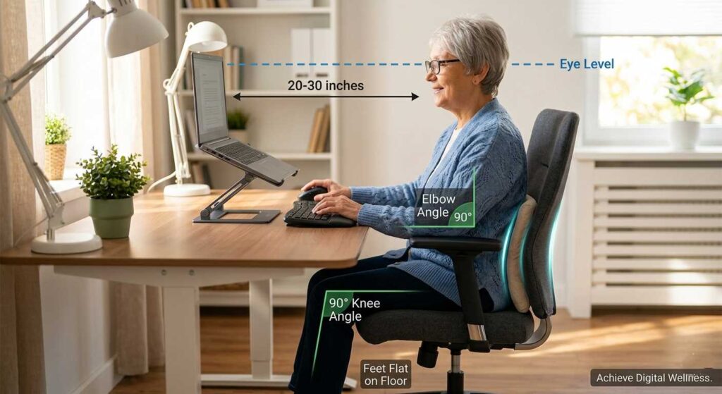 An infographic showing digital wellness for seniors with a perfect ergonomic workstation setup.