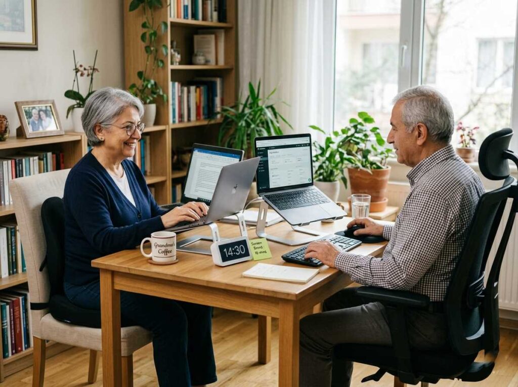 A senior couple working on laptops with ergonomic stands and proper posture in a home office setting.