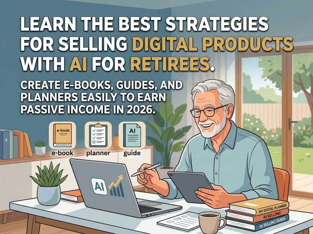 An elderly man using a tablet and laptop, with icons for e-book, planner, and guide, and text: "Learn the best strategies for selling digital products with AI for retirees. Create e-books, guides, and planners easily to earn passive income in 2026.