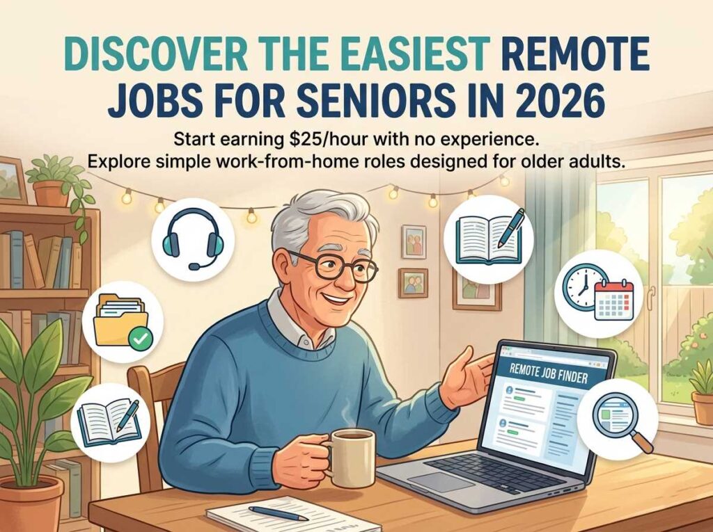 Senior man working on a laptop at home, exploring remote job opportunities for 2026.