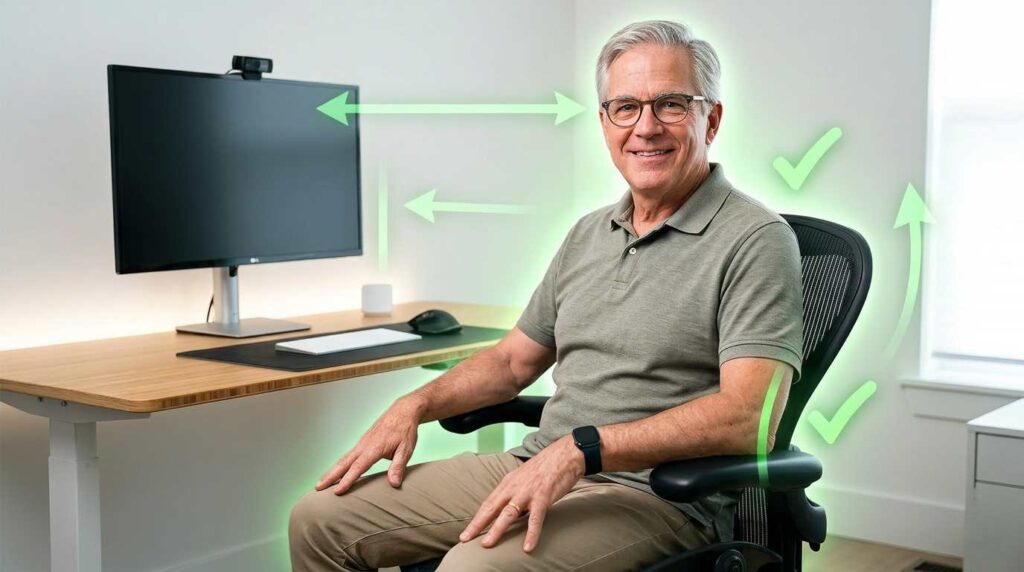 A modern ergonomic home office setup for a senior, looking comfortable.