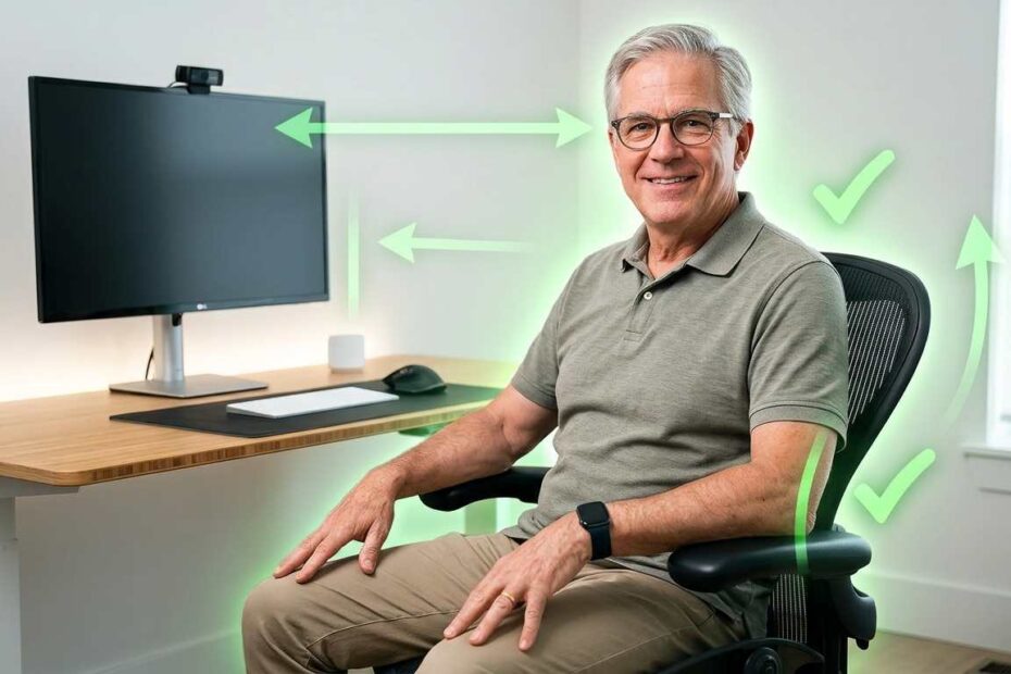 A modern ergonomic home office setup for a senior, looking comfortable.