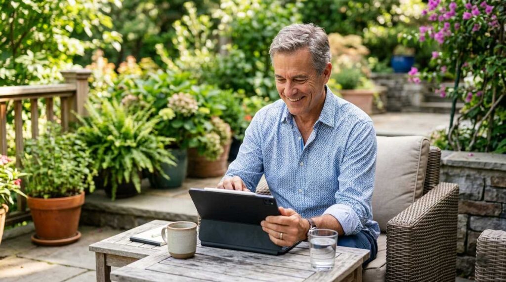 A senior professional enjoying work flexibility by using AI tools on a tablet outdoors.