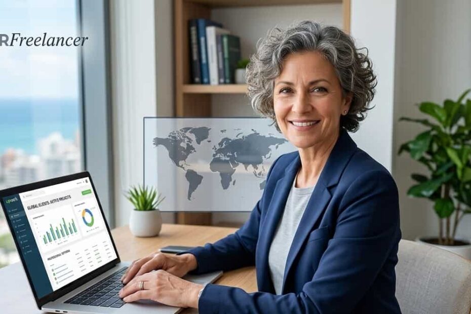 A successful senior female freelancer working remotely on her laptop with a global map background, representing the 2026 silver economy.