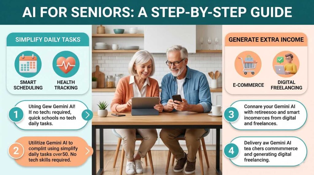 A professional infographic showing how retirees over 50 use Gemini AI to simplify daily tasks and generate extra income through digital freelancing.
