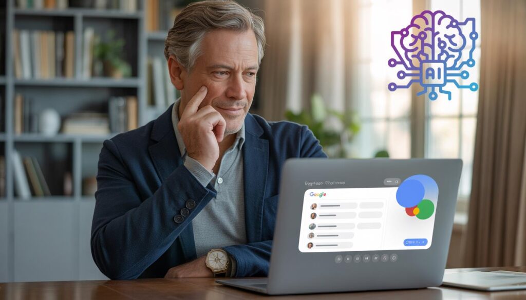 A retired American professional using Gemini AI on a laptop to plan retirement income.