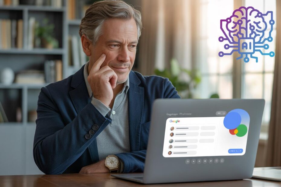 A retired American professional using Gemini AI on a laptop to plan retirement income.