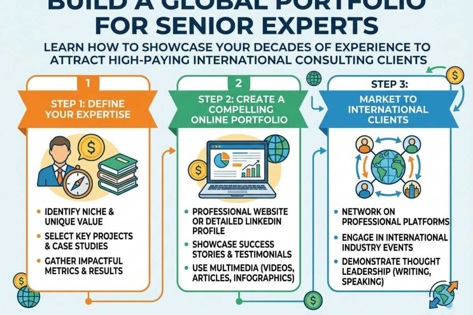 Infographic showing how senior experts can build a global portfolio for international consulting.
