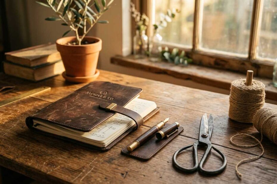 Handcrafted business tools on a wooden table with sunlight, representing time management for seniors in 2026.