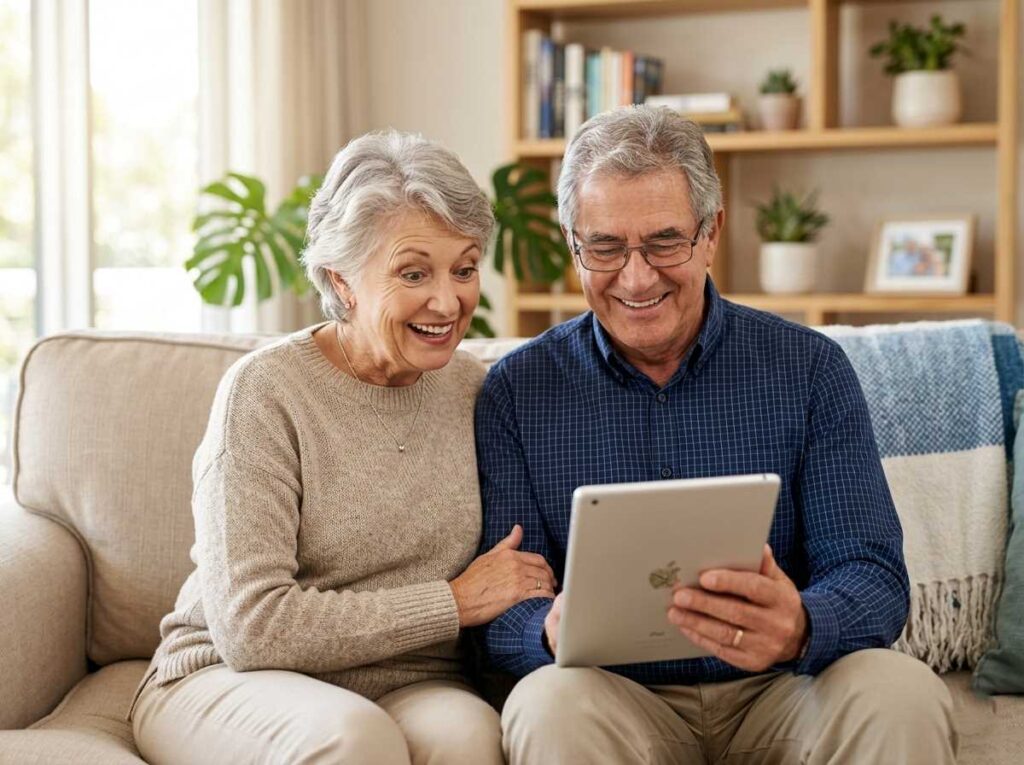 A happy senior man and woman in their 60s sitting on a sofa and looking at a modern tablet with amazed expressions in a bright living room.Best Tablets for Seniors 2026