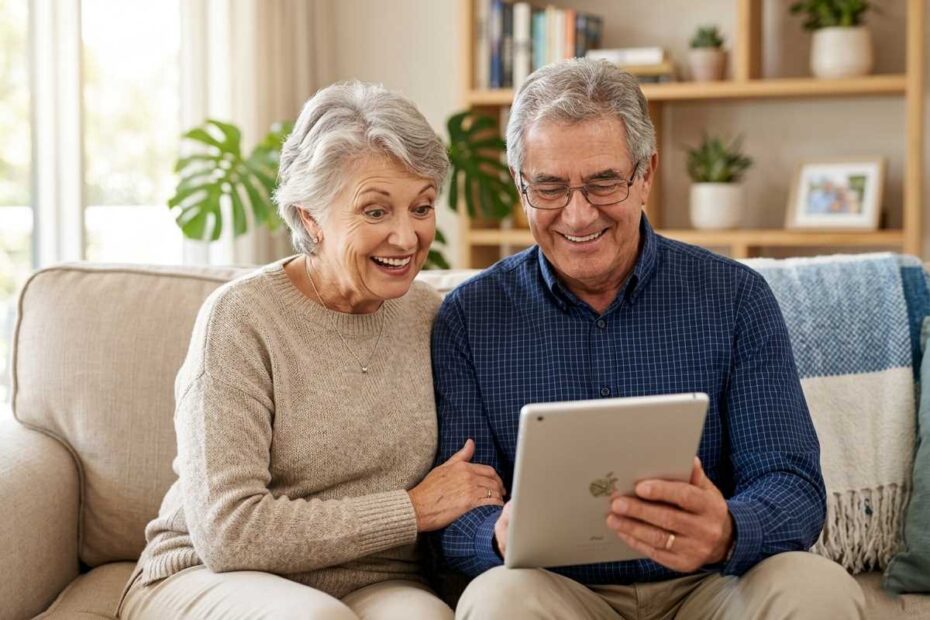 A happy senior man and woman in their 60s sitting on a sofa and looking at a modern tablet with amazed expressions in a bright living room.