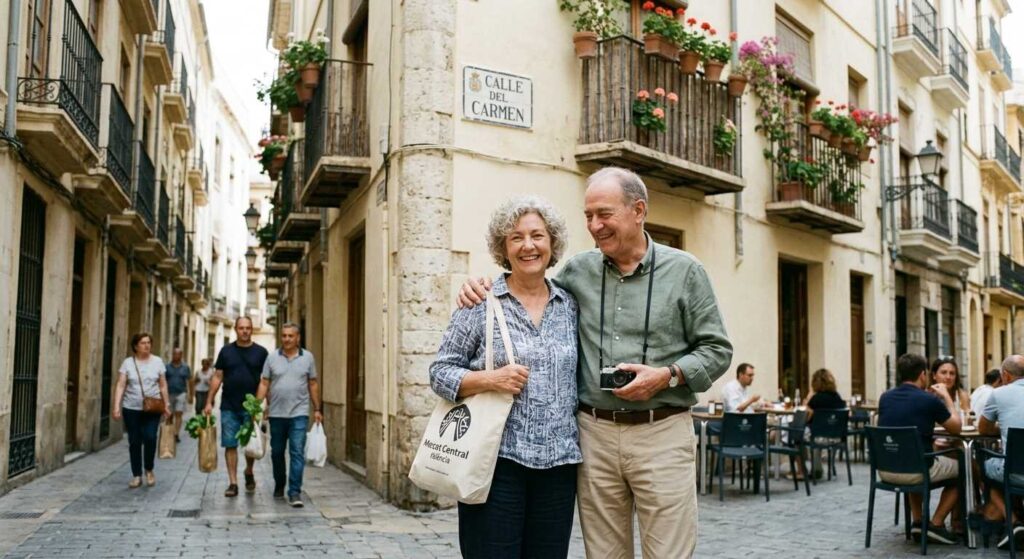 A happy retired couple following our Seniors’ Guide to Valencia while exploring narrow historical streets.