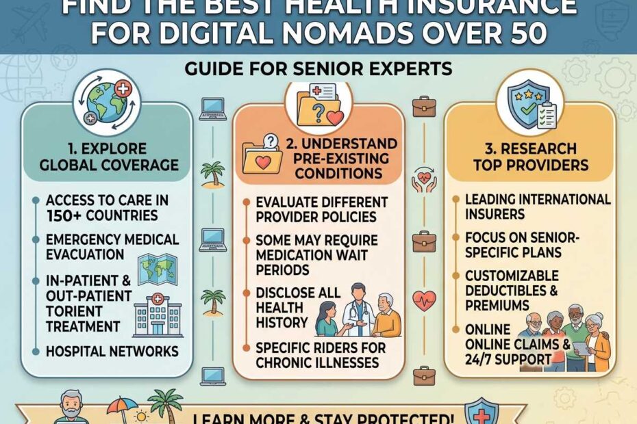 Comprehensive guide showing health insurance options for digital nomads over 50 and senior experts.