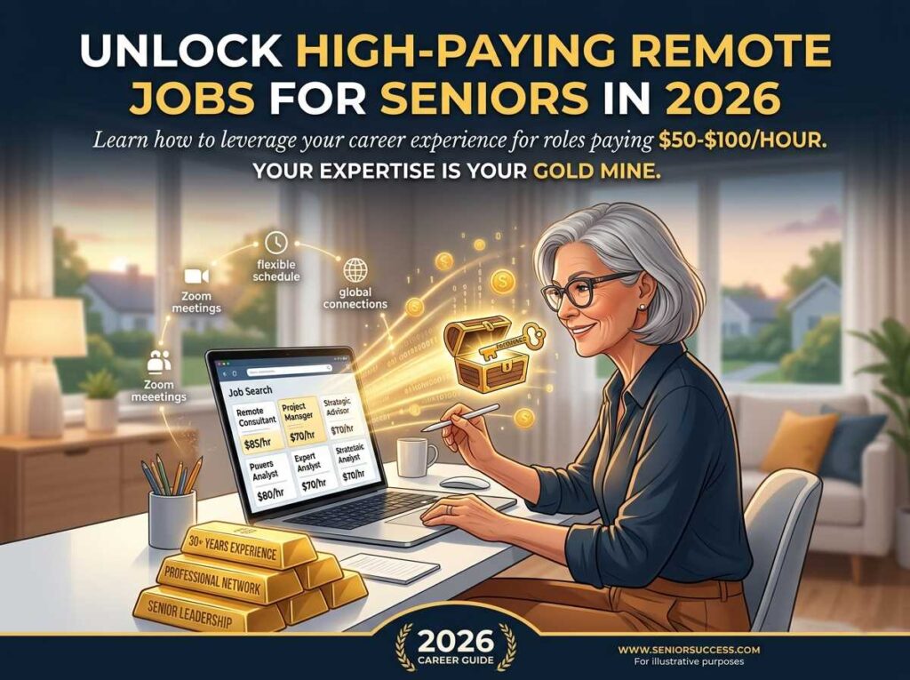 Unlock high paying remote jobs for seniors in 2026 showing a professional expert working from home.
