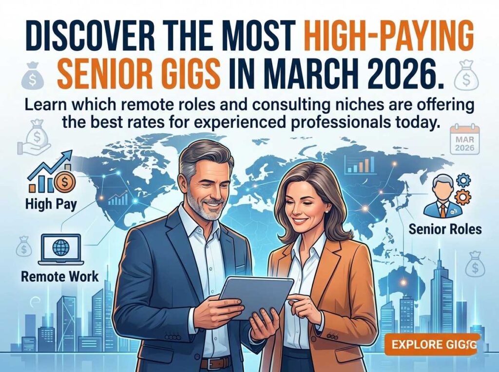 Two experienced professionals reviewing high-paying remote senior gig opportunities for March 2026 on a tablet.