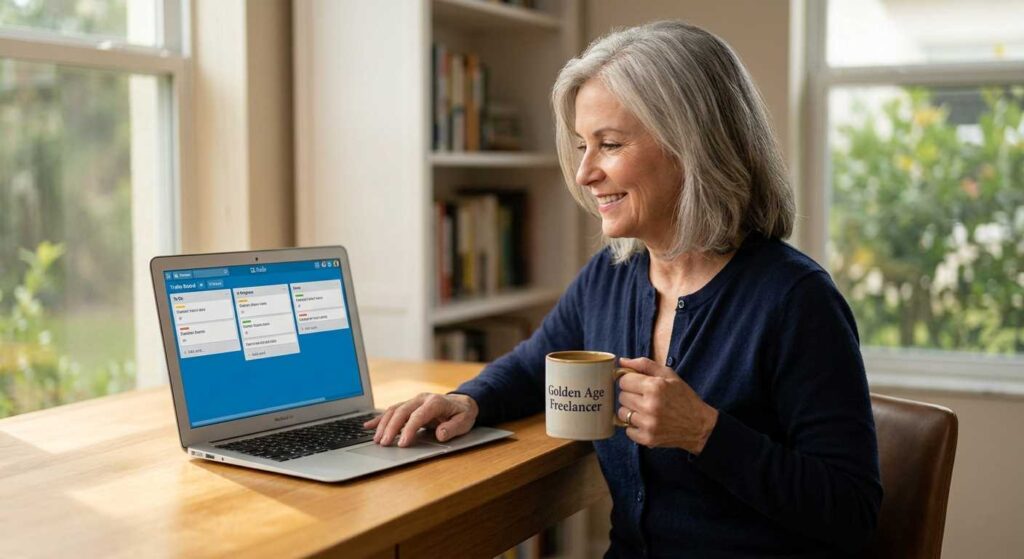 A smiling senior woman working as a virtual project manager from her comfortable home office in Florida.