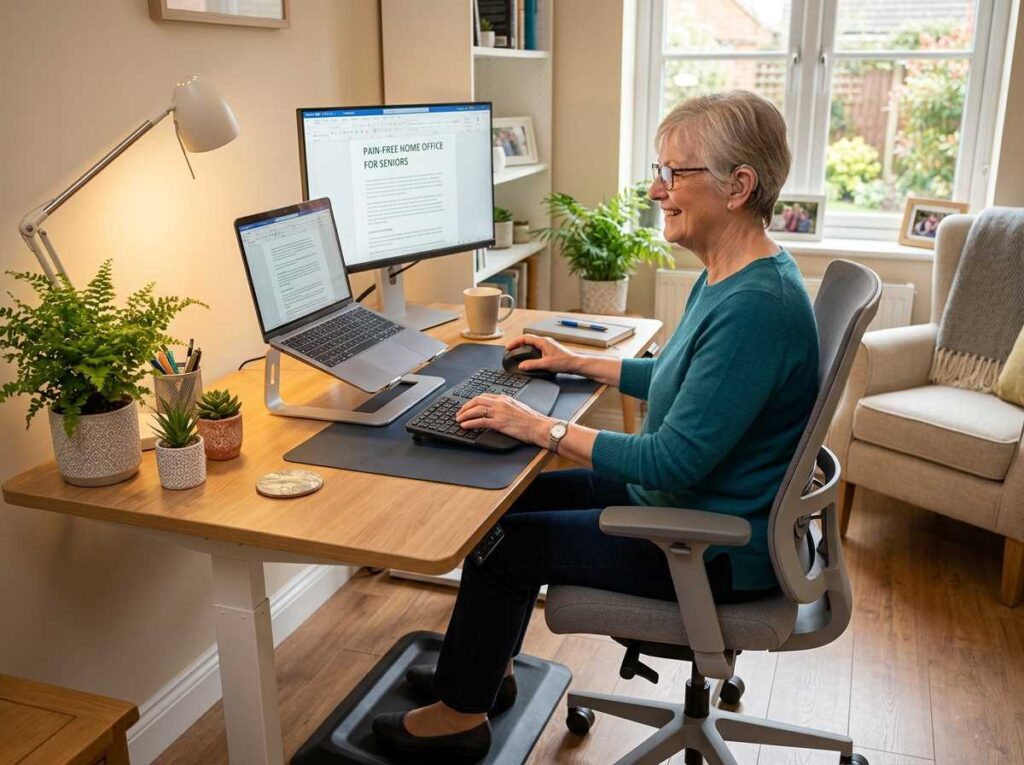 A senior woman working comfortably at an ergonomic home office desk with a laptop stand and supportive chair.